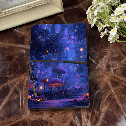 Handmade A6 Vintage - Style Notebook, 160 Pages, Metal Binder, Tether Closure w/ Metal Pendant, for Office with Mushrooms, trees, fireflies