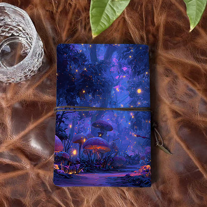 Handmade A6 Vintage - Style Notebook, 160 Pages, Metal Binder, Tether Closure w/ Metal Pendant, for Office with Mushrooms, trees, fireflies