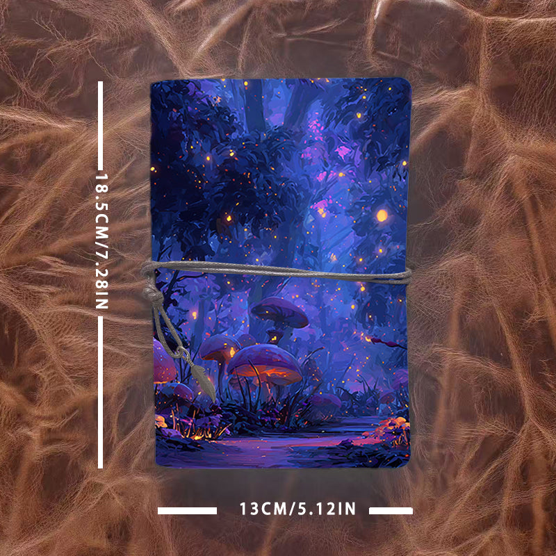 Handmade A6 Vintage - Style Notebook, 160 Pages, Metal Binder, Tether Closure w/ Metal Pendant, for Office with Mushrooms, trees, fireflies