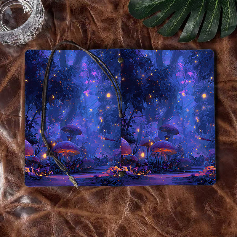 Handmade A6 Vintage - Style Notebook, 160 Pages, Metal Binder, Tether Closure w/ Metal Pendant, for Office with Mushrooms, trees, fireflies
