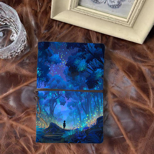 A6 Handmade Office Notebook in Vintage Design, 80 Sheets, Metal Loose - leaf, Tether Close w/ Metal Deco with Child, forest, trees, firefli