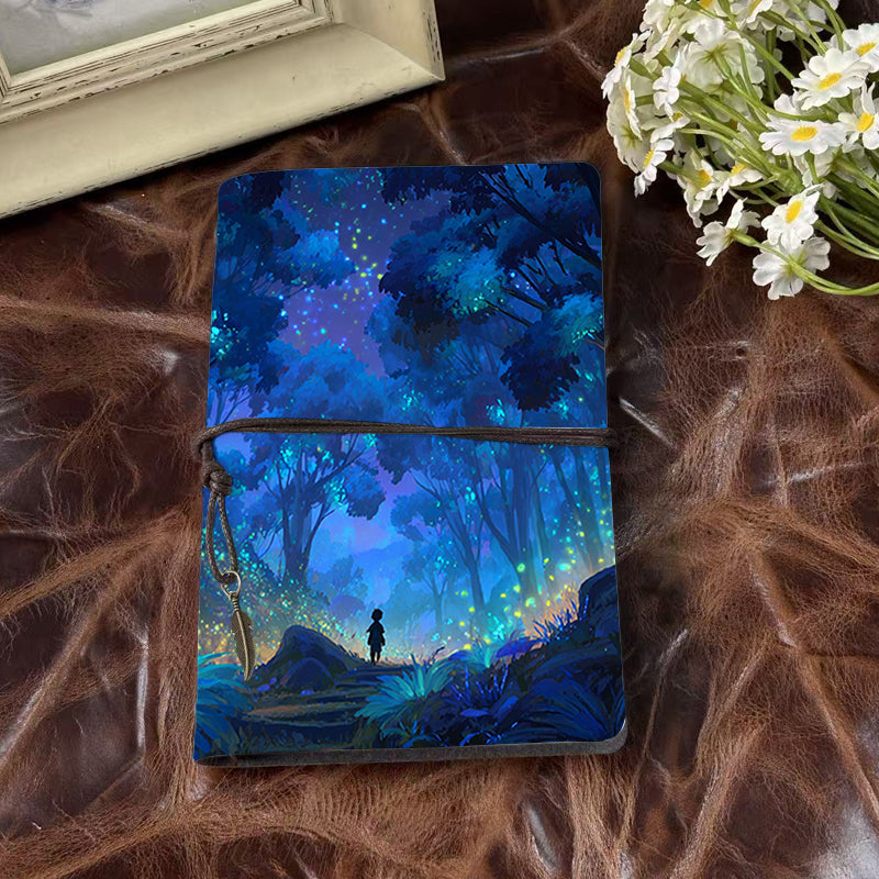 A6 Handmade Office Notebook in Vintage Design, 80 Sheets, Metal Loose - leaf, Tether Close w/ Metal Deco with Child, forest, trees, firefli