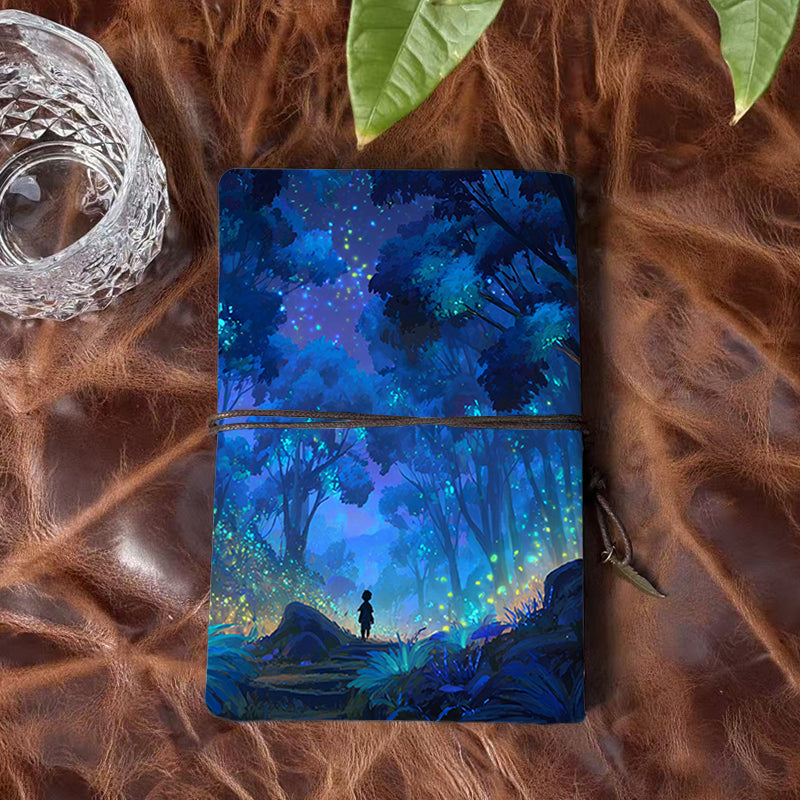 A6 Handmade Office Notebook in Vintage Design, 80 Sheets, Metal Loose - leaf, Tether Close w/ Metal Deco with Child, forest, trees, firefli