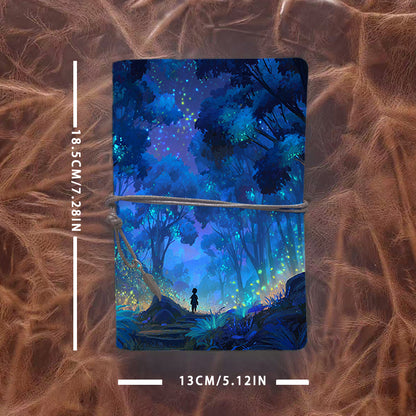 A6 Handmade Office Notebook in Vintage Design, 80 Sheets, Metal Loose - leaf, Tether Close w/ Metal Deco with Child, forest, trees, firefli