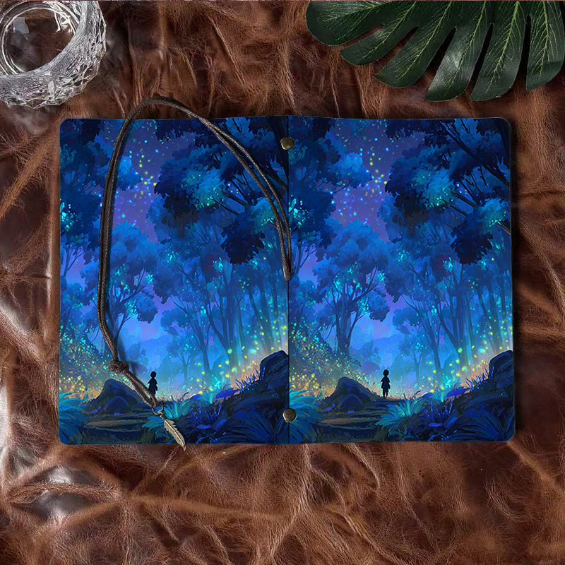 A6 Handmade Office Notebook in Vintage Design, 80 Sheets, Metal Loose - leaf, Tether Close w/ Metal Deco with Child, forest, trees, firefli