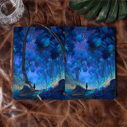 A6 Handmade Office Notebook in Vintage Design, 80 Sheets, Metal Loose - leaf, Tether Close w/ Metal Deco with Child, forest, trees, firefli