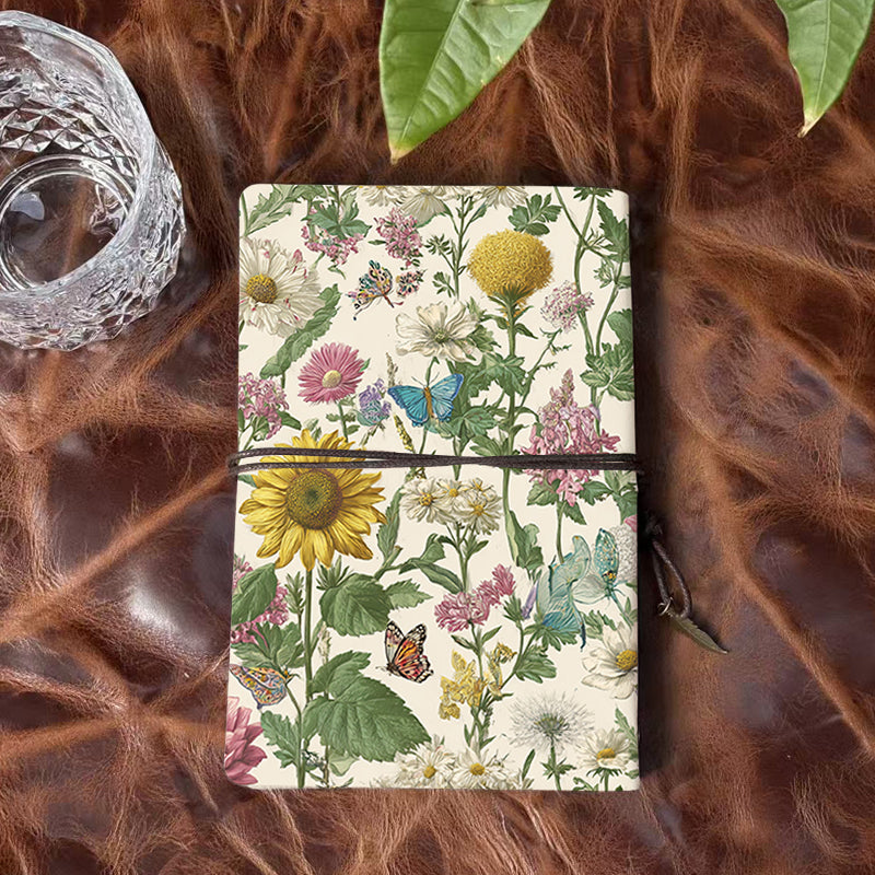 A6 Handmade Notebook, Vintage - Inspired, 160 Pages, Metal Loose - leaf, Tether Closure w/ Metal Pendant, Ideal for Office with Flowers, bu