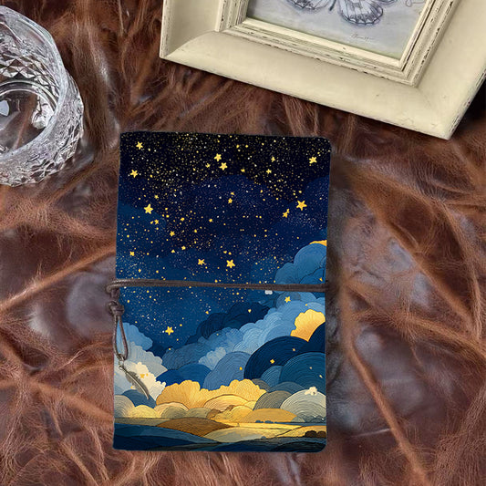 Handmade Office A6 Notebook with Vintage Flair, Metal Loose - leaf, 80 Sheets, Tethered w/ Metal Pendant with Stars, clouds, night - sky, l