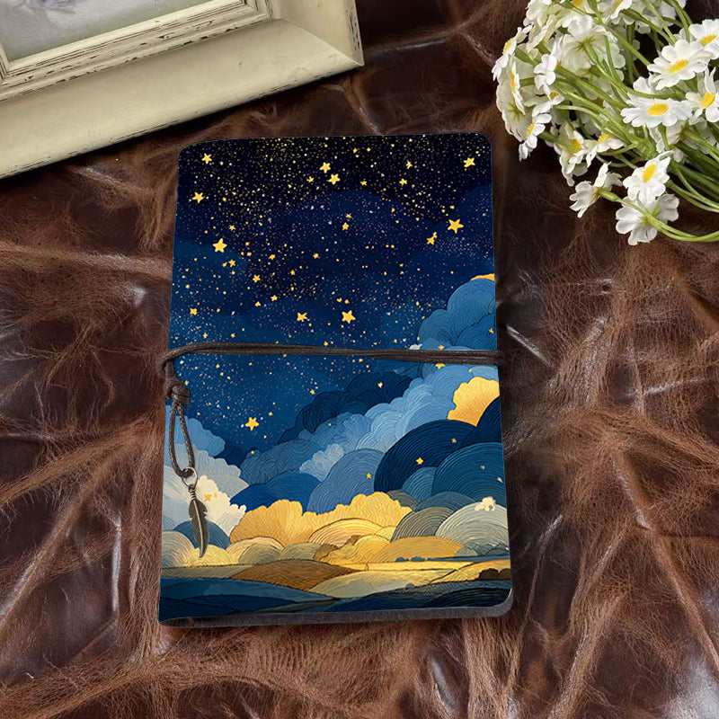 Handmade Office A6 Notebook with Vintage Flair, Metal Loose - leaf, 80 Sheets, Tethered w/ Metal Pendant with Stars, clouds, night - sky, l