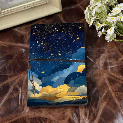 Handmade Office A6 Notebook with Vintage Flair, Metal Loose - leaf, 80 Sheets, Tethered w/ Metal Pendant with Stars, clouds, night - sky, l