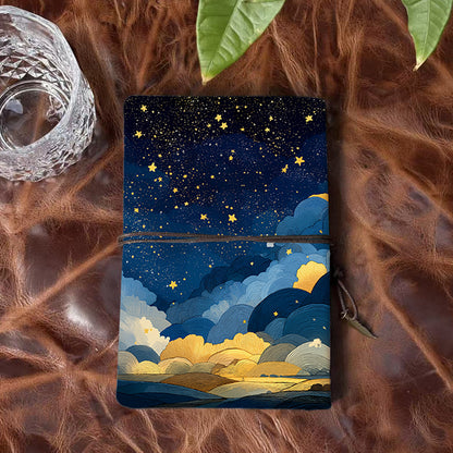 Handmade Office A6 Notebook with Vintage Flair, Metal Loose - leaf, 80 Sheets, Tethered w/ Metal Pendant with Stars, clouds, night - sky, l