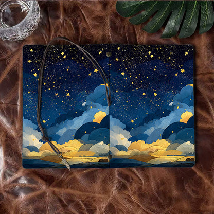 Handmade Office A6 Notebook with Vintage Flair, Metal Loose - leaf, 80 Sheets, Tethered w/ Metal Pendant with Stars, clouds, night - sky, l