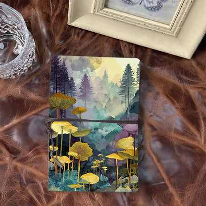 A6 Handmade Notebook with Vintage Metal Pendant Tether, 80 Sheets, Loose - leaf, Office Use with Mushrooms, forest, trees, mist Prints