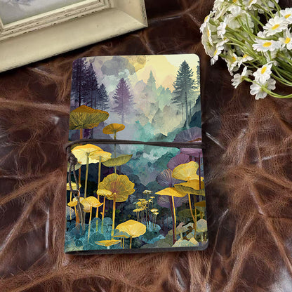 A6 Handmade Notebook with Vintage Metal Pendant Tether, 80 Sheets, Loose - leaf, Office Use with Mushrooms, forest, trees, mist Prints