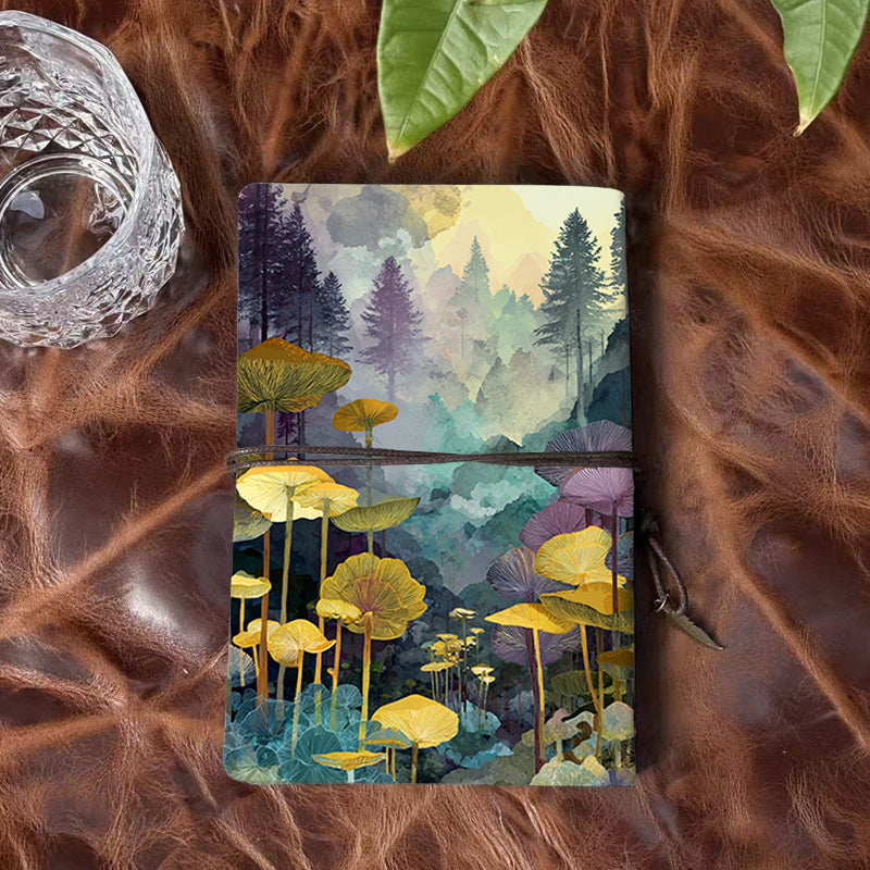 A6 Handmade Notebook with Vintage Metal Pendant Tether, 80 Sheets, Loose - leaf, Office Use with Mushrooms, forest, trees, mist Prints