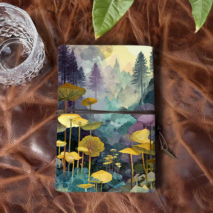 A6 Handmade Notebook with Vintage Metal Pendant Tether, 80 Sheets, Loose - leaf, Office Use with Mushrooms, forest, trees, mist Prints