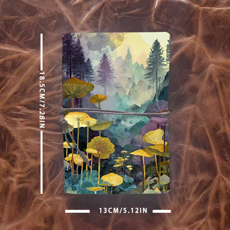 A6 Handmade Notebook with Vintage Metal Pendant Tether, 80 Sheets, Loose - leaf, Office Use with Mushrooms, forest, trees, mist Prints