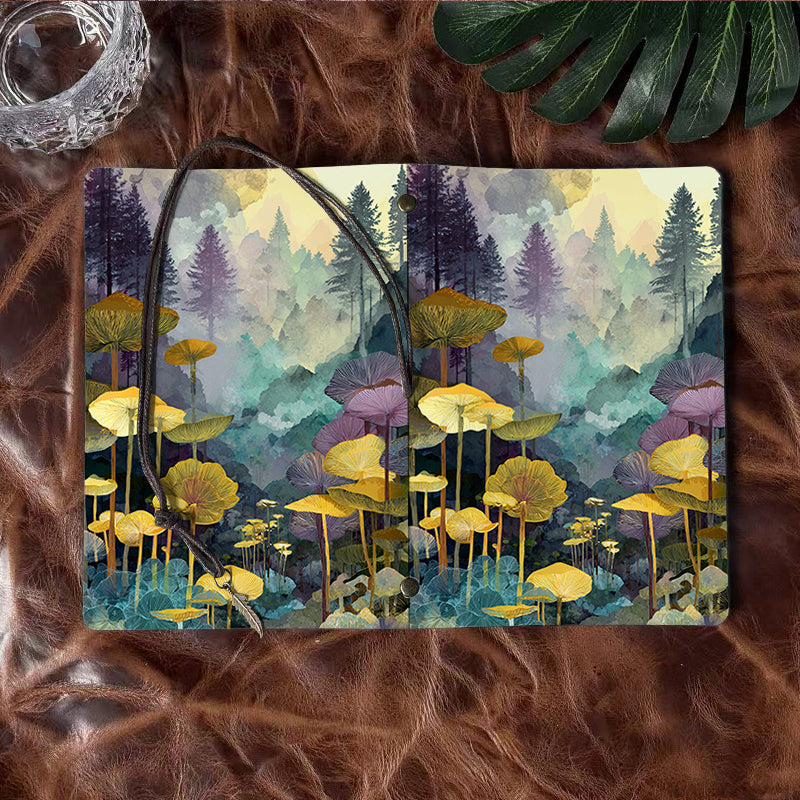 A6 Handmade Notebook with Vintage Metal Pendant Tether, 80 Sheets, Loose - leaf, Office Use with Mushrooms, forest, trees, mist Prints