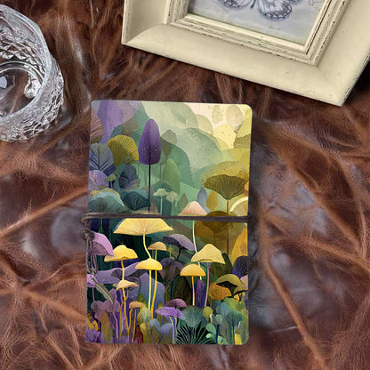 Handmade A6 Notebook, Vintage Design, Metal Loose - leaf, 80 Sheets, Tether & Metal Pendant, Office Memo Use with Mushrooms and various lea