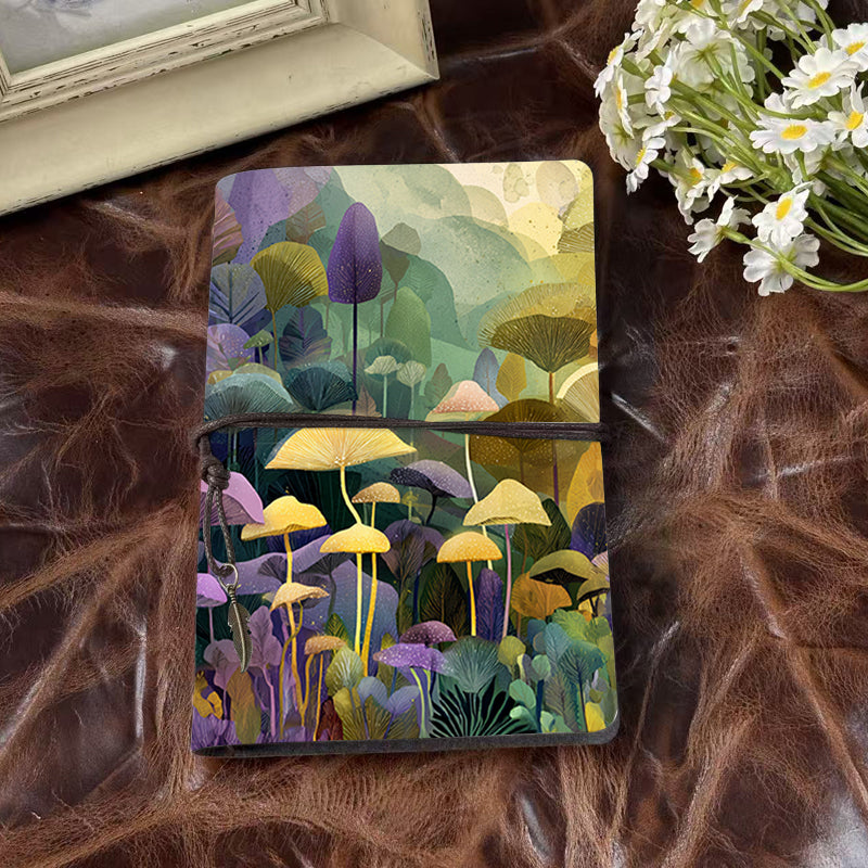 Handmade A6 Notebook, Vintage Design, Metal Loose - leaf, 80 Sheets, Tether & Metal Pendant, Office Memo Use with Mushrooms and various lea