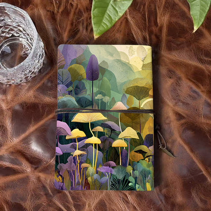 Handmade A6 Notebook, Vintage Design, Metal Loose - leaf, 80 Sheets, Tether & Metal Pendant, Office Memo Use with Mushrooms and various lea