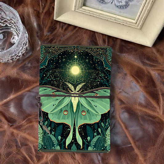 A6 Handmade Office Notebook, Vintage Style, 160 Pages, Metal Binder, Tether Closure with Metal Pendant with Moth, moon, stars, plants, patt