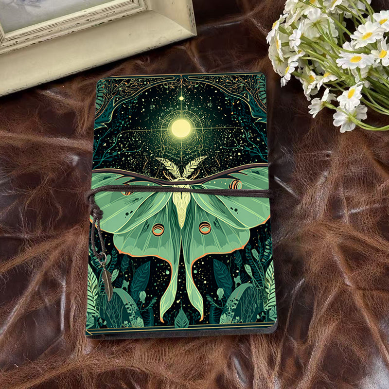 A6 Handmade Office Notebook, Vintage Style, 160 Pages, Metal Binder, Tether Closure with Metal Pendant with Moth, moon, stars, plants, patt