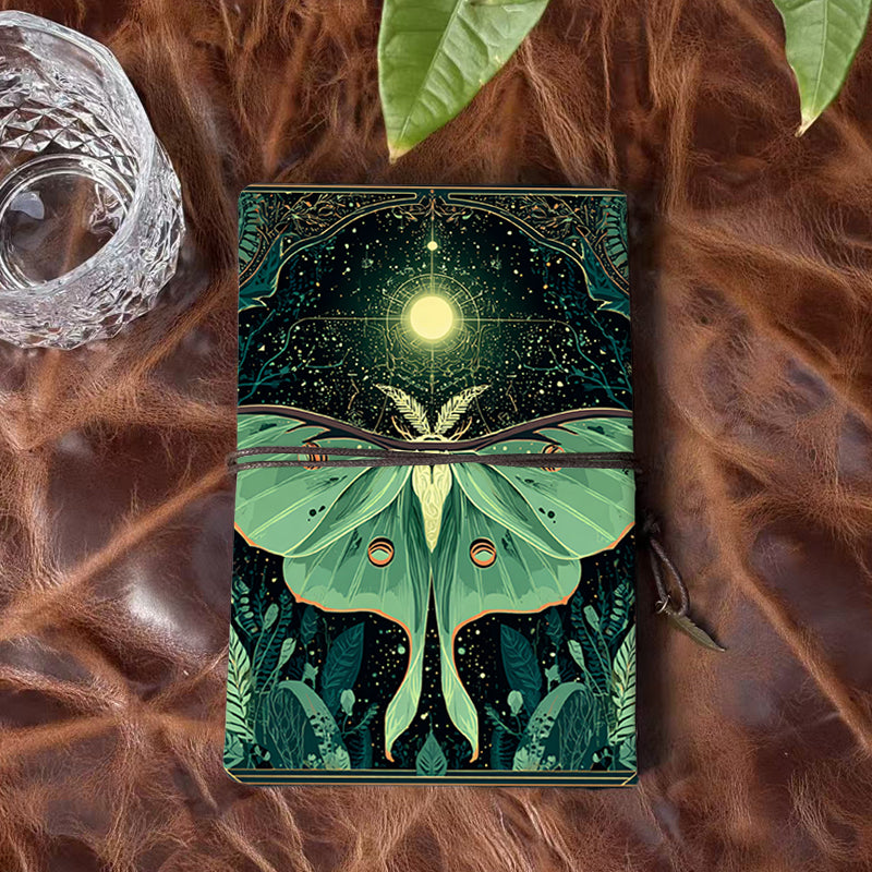 A6 Handmade Office Notebook, Vintage Style, 160 Pages, Metal Binder, Tether Closure with Metal Pendant with Moth, moon, stars, plants, patt