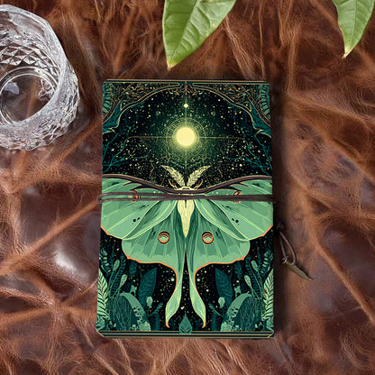 A6 Handmade Office Notebook, Vintage Style, 160 Pages, Metal Binder, Tether Closure with Metal Pendant with Moth, moon, stars, plants, patt