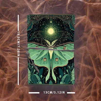 A6 Handmade Office Notebook, Vintage Style, 160 Pages, Metal Binder, Tether Closure with Metal Pendant with Moth, moon, stars, plants, patt