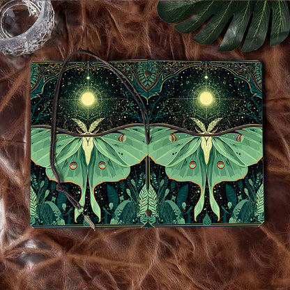 A6 Handmade Office Notebook, Vintage Style, 160 Pages, Metal Binder, Tether Closure with Metal Pendant with Moth, moon, stars, plants, patt