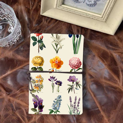 Handmade A6 Notebook - Vintage - themed, Metal Loose - leaf, 80 Sheets, Tether w/ Metal Pendant, Office Meeting Use with Roses, lilies, iri