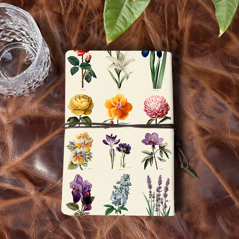 Handmade A6 Notebook - Vintage - themed, Metal Loose - leaf, 80 Sheets, Tether w/ Metal Pendant, Office Meeting Use with Roses, lilies, iri