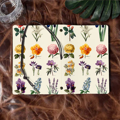 Handmade A6 Notebook - Vintage - themed, Metal Loose - leaf, 80 Sheets, Tether w/ Metal Pendant, Office Meeting Use with Roses, lilies, iri