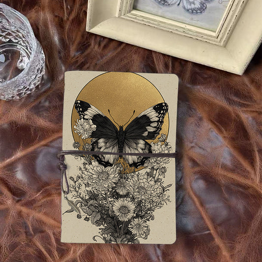 A6 Handmade Notebook, 80 Sheets, Metal Loose - leaf, Vintage Tether Closure & Metal Pendant, Business Office with Butterfly, flowers, golde