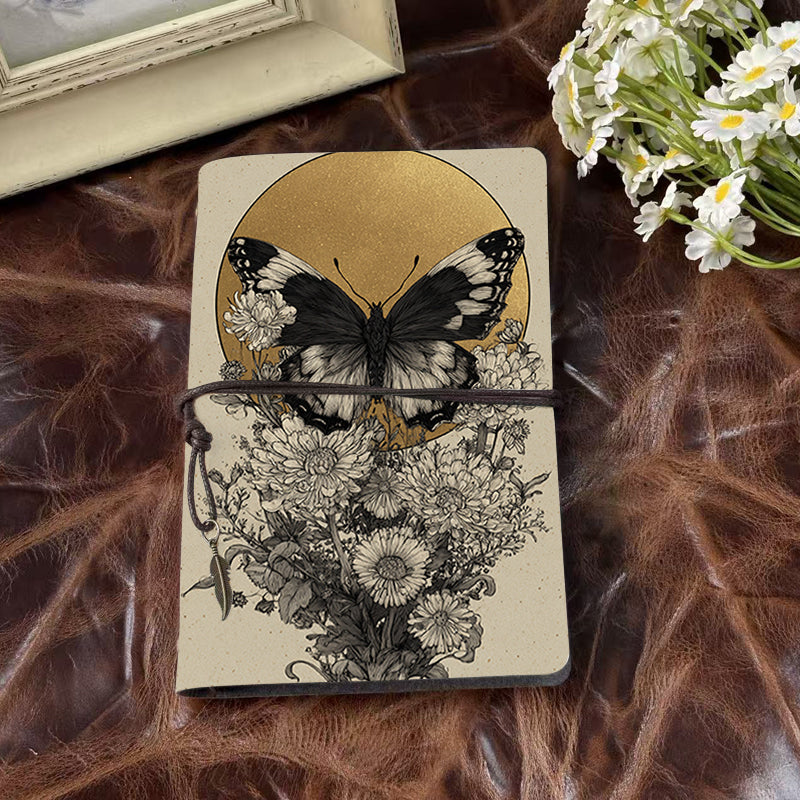 A6 Handmade Notebook, 80 Sheets, Metal Loose - leaf, Vintage Tether Closure & Metal Pendant, Business Office with Butterfly, flowers, golde