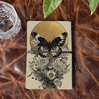 A6 Handmade Notebook, 80 Sheets, Metal Loose - leaf, Vintage Tether Closure & Metal Pendant, Business Office with Butterfly, flowers, golde