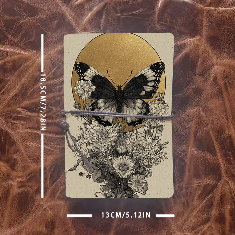 A6 Handmade Notebook, 80 Sheets, Metal Loose - leaf, Vintage Tether Closure & Metal Pendant, Business Office with Butterfly, flowers, golde