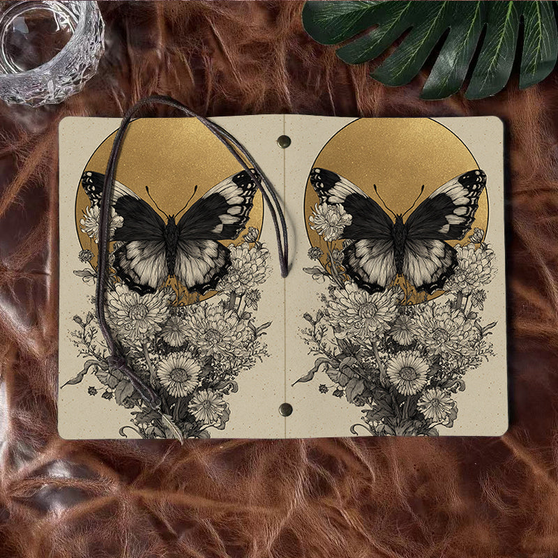 A6 Handmade Notebook, 80 Sheets, Metal Loose - leaf, Vintage Tether Closure & Metal Pendant, Business Office with Butterfly, flowers, golde