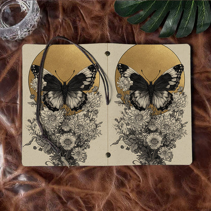 A6 Handmade Notebook, 80 Sheets, Metal Loose - leaf, Vintage Tether Closure & Metal Pendant, Business Office with Butterfly, flowers, golde
