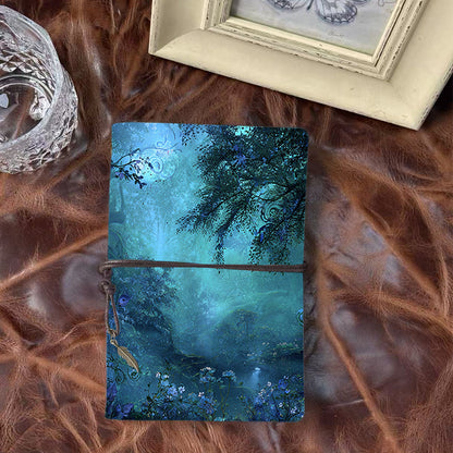 Handmade Office A6 Notebook, 160 Pages, Vintage Metal Pendant Tether, Loose - leaf with Trees, flowers, vines, and mist Prints