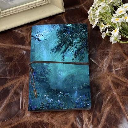 Handmade Office A6 Notebook, 160 Pages, Vintage Metal Pendant Tether, Loose - leaf with Trees, flowers, vines, and mist Prints