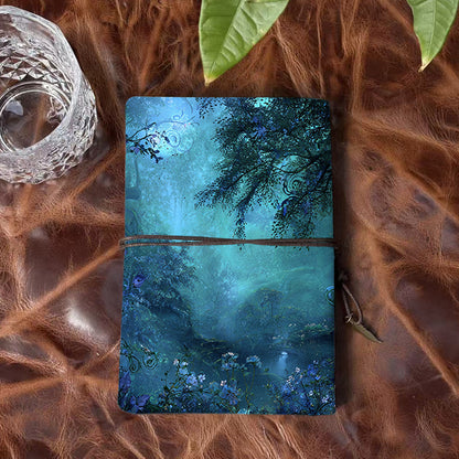 Handmade Office A6 Notebook, 160 Pages, Vintage Metal Pendant Tether, Loose - leaf with Trees, flowers, vines, and mist Prints