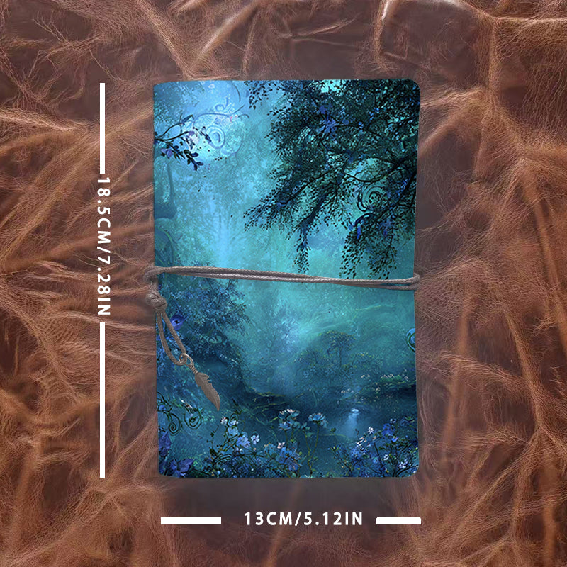 Handmade Office A6 Notebook, 160 Pages, Vintage Metal Pendant Tether, Loose - leaf with Trees, flowers, vines, and mist Prints