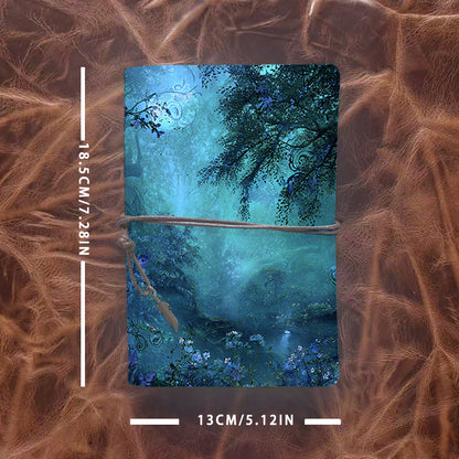 Handmade Office A6 Notebook, 160 Pages, Vintage Metal Pendant Tether, Loose - leaf with Trees, flowers, vines, and mist Prints