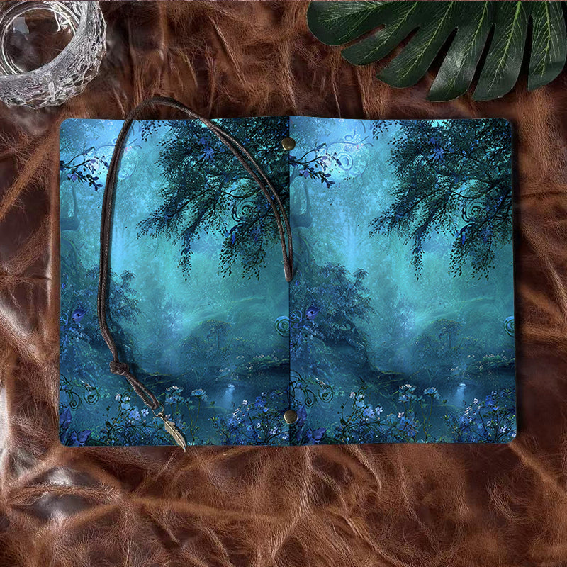 Handmade Office A6 Notebook, 160 Pages, Vintage Metal Pendant Tether, Loose - leaf with Trees, flowers, vines, and mist Prints