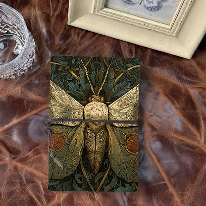 Handmade A6 Notebook, Metal Binder, 80 Sheets, Vintage Tether & Metal Pendant Closure, Office Conference Use with Moth with ornate wings an