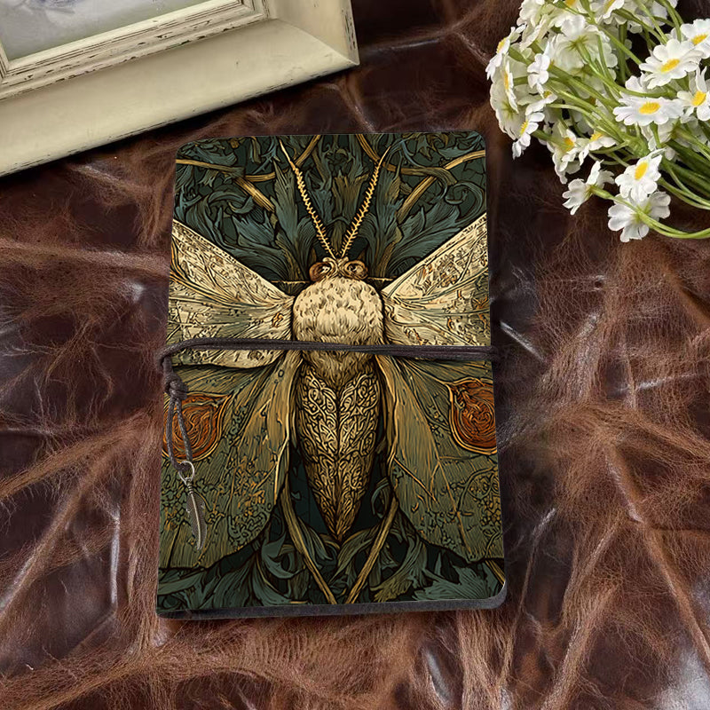 Handmade A6 Notebook, Metal Binder, 80 Sheets, Vintage Tether & Metal Pendant Closure, Office Conference Use with Moth with ornate wings an