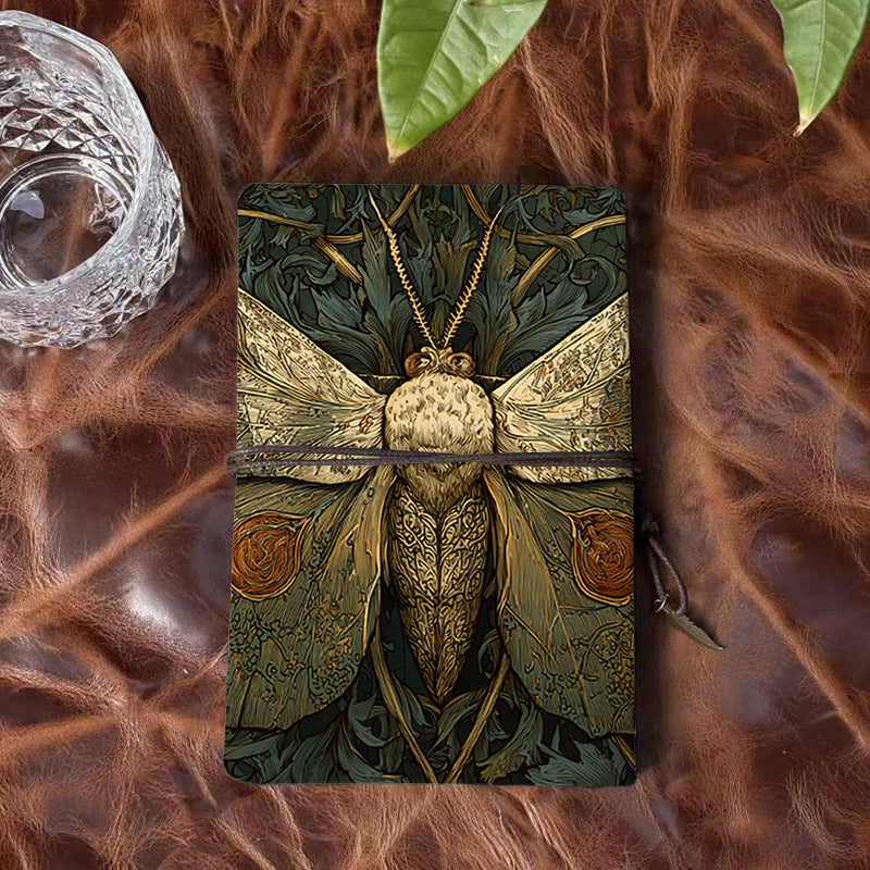 Handmade A6 Notebook, Metal Binder, 80 Sheets, Vintage Tether & Metal Pendant Closure, Office Conference Use with Moth with ornate wings an