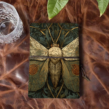 Handmade A6 Notebook, Metal Binder, 80 Sheets, Vintage Tether & Metal Pendant Closure, Office Conference Use with Moth with ornate wings an